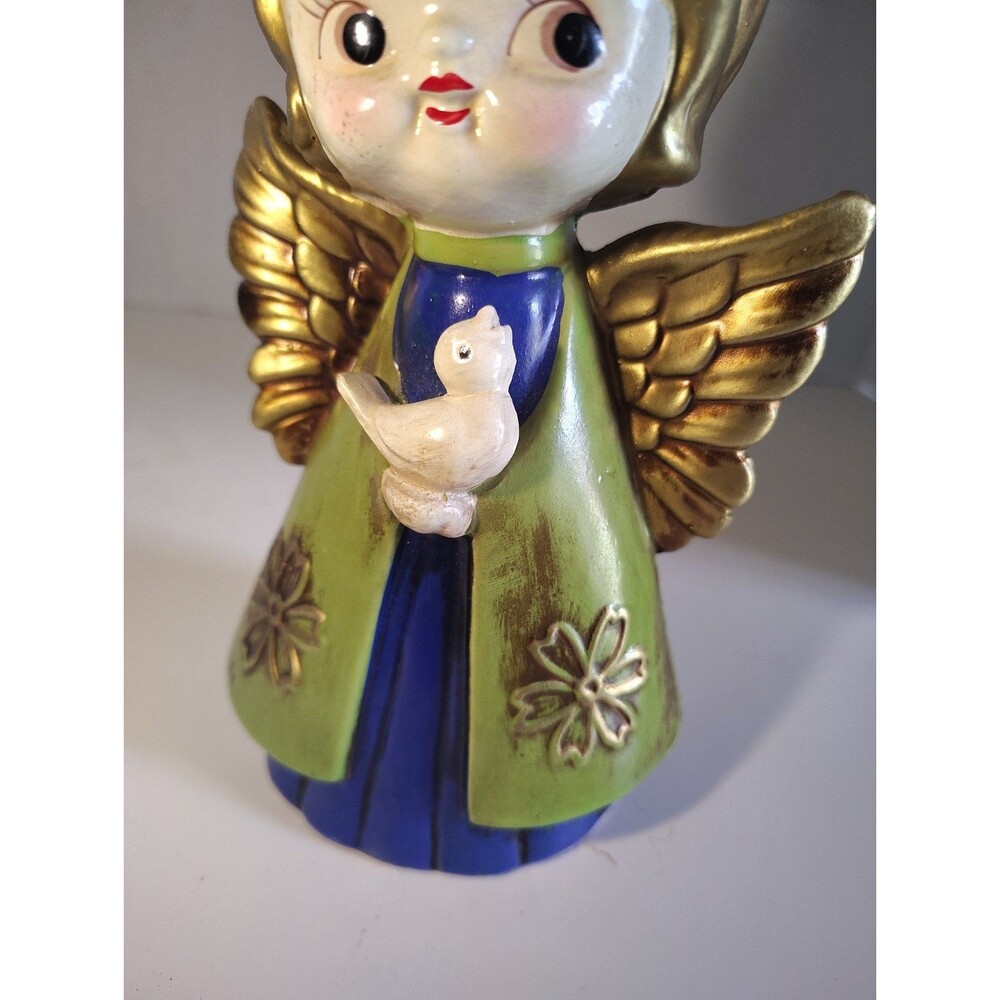 VTG HOLT HOWARD Chalkware Christmas Angel Green Blue Holding Bird Wings Japan 55 - Picture 4 of 14